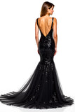 Mermaid Spaghetti Straps Sequined Black Tie Dress