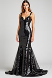 Sparkly Mermaid V-Neck Black Tie Dress with Lace Up Back