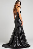 Sparkly Mermaid V-Neck Black Tie Dress with Lace Up Back