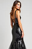 Sparkly Mermaid V-Neck Black Tie Dress with Lace Up Back