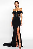 Off The Shoulder Mermaid Corset Black Tie Dress With Slit