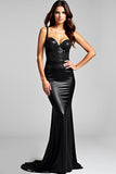 Mermaid Spaghetti Straps Sequined Black Tie Dress with Lace Up Back