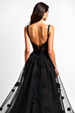 A Line Spaghetti Straps Appliqued Corset Black Tie Dress