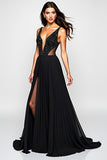 Sparkly A Line Deep V Neck Ruched Black Tie Dress with Slit