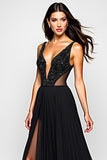 Sparkly A Line Deep V Neck Ruched Black Tie Dress with Slit