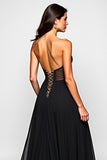 Sparkly A Line Deep V Neck Ruched Black Tie Dress with Slit