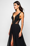 Sparkly A Line Deep V Neck Ruched Black Tie Dress with Slit