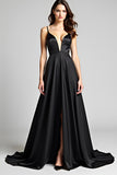 Spaghetti Straps A Line Satin Black Tie Dress with Slit