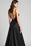 Spaghetti Straps A Line Satin Black Tie Dress with Slit