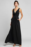 A Line Pleated Deep V Neck Black Tie Dress