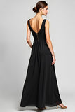 A Line Pleated Deep V Neck Black Tie Dress