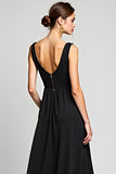 A Line Pleated Deep V Neck Black Tie Dress