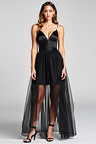 A Line Tulle Spaghetti Straps Black Tie Dress