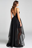 A Line Tulle Spaghetti Straps Black Tie Dress