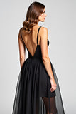 A Line Tulle Spaghetti Straps Black Tie Dress