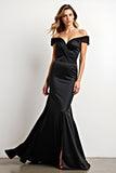 Off the Shoulder Mermaid Satin Pleated Black Tie Dress