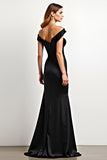 Off the Shoulder Mermaid Satin Pleated Black Tie Dress