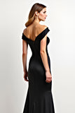 Off the Shoulder Mermaid Satin Pleated Black Tie Dress