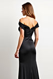 Off the Shoulder Mermaid Satin Pleated Black Tie Dress