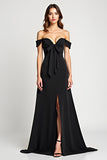 Sheath Off the Shoulder Bowknot Black Tie Dress with Slit