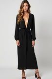 Deep V Neck Long Sleeves Sheath Black Tie Dress