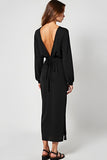 Deep V Neck Long Sleeves Sheath Black Tie Dress