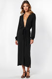 Deep V Neck Long Sleeves Sheath Black Tie Dress