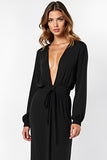 Deep V Neck Long Sleeves Sheath Black Tie Dress