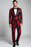 Peak Lapel Dark Red 2 Pieces Floral Printed Men's Suits