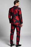 Peak Lapel Dark Red 2 Pieces Floral Printed Men's Suits