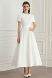 Ivory Round Neck Jacquard A-Line Midi Formal Dress with Short Sleeves