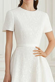 Ivory Round Neck Jacquard A-Line Midi Formal Dress with Short Sleeves