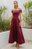 Burgundy Off the Shoulder Satin A-Line Ankle Length Formal Dress