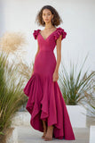 Fuchsia High Low V-neck Sheath Taffeta Formal Dress with Ruffles