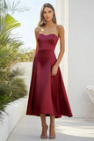 Burgundy Satin Sweetheart A-Line Tea Length Formal Dress