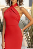 Red Matte Satin Halter Sheath Long Formal Dress