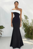 Black Matte Satin Strapless Sheath Long Formal Dress