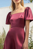 Burgundy Satin Square Neck A-Line Tea Length Formal Dress with Short Sleeves