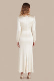 Ivory Satin Scoop Neck A-Line Ankle Length Formal Dress with Long Sleeves