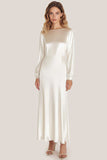 Ivory Satin Scoop Neck A-Line Ankle Length Formal Dress with Long Sleeves