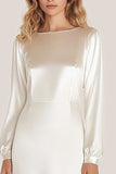 Ivory Satin Scoop Neck A-Line Ankle Length Formal Dress with Long Sleeves