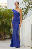 Blue Matte Satin One Shoulder Mermaid Long Formal Dress