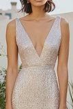 Champagne Metallic Deep V-neck Sheath Ankle Length Formal Dress