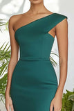 Dark Green One Shoulder Matte Satin Mermaid Long Formal Dress