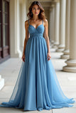 Blue Organza Spaghetti Straps A Line Ruched Prom Dress