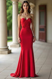 Red Stretch Satin Sheath Sweetheart Ruched Prom Dress