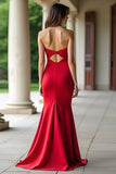 Red Stretch Satin Sheath Sweetheart Ruched Prom Dress