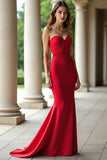 Red Stretch Satin Sheath Sweetheart Ruched Prom Dress