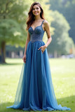 Sparkly Grey Blue Organza Spaghetti Straps A Line Prom Dress