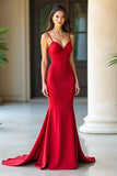 Red Matte Satin Sheath Spaghetti Straps Prom Dress